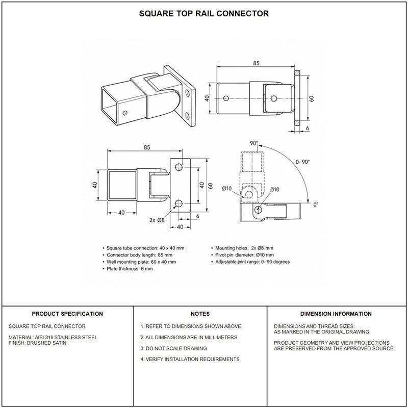 Reflective Silver Pivoting Square Handrail Wall Connector