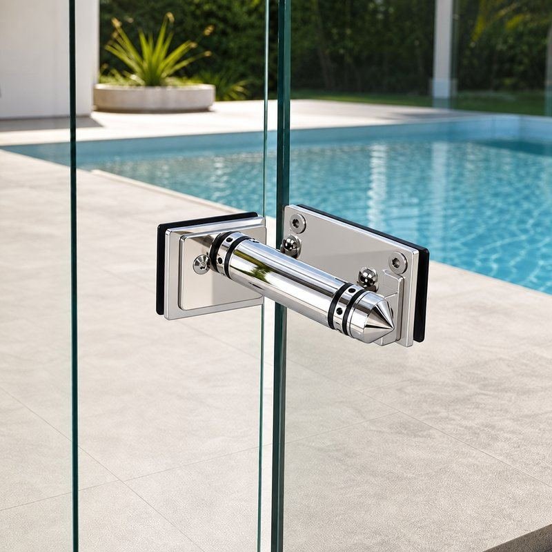 Bolt-Plate Glass-to-Glass Pool Gate Hinge — Polished silver appearance concept