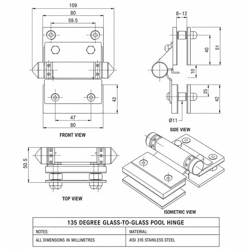 Bolt-Plate Glass-to-Glass Pool Gate Hinge — Polished silver appearance concept