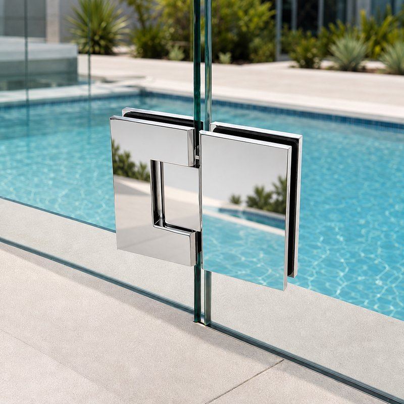 Rectangular Glass-to-Glass Pool Gate Hinge — Polished silver appearance concept