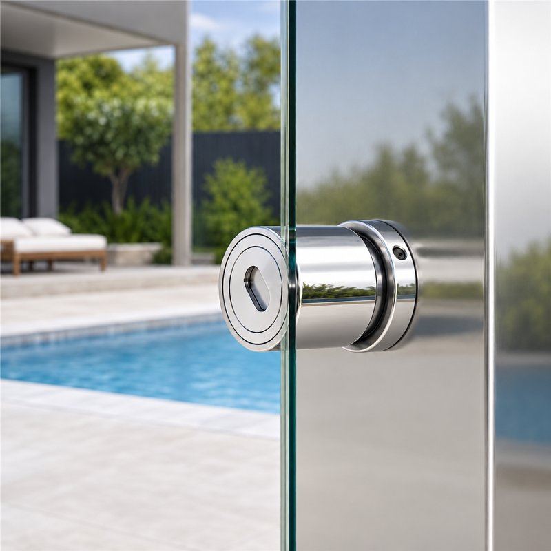 Slotted-Cap Pool Fence Glass Adapter — Polished silver appearance concept