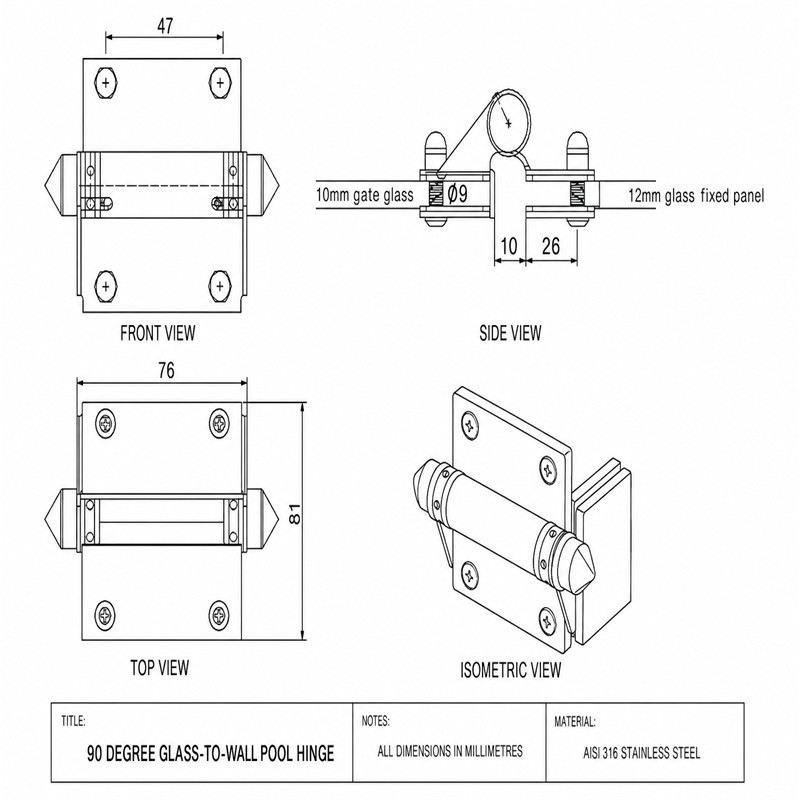 Conical-Cap Wall-Mount Pool Gate Hinge — Matte silver appearance concept