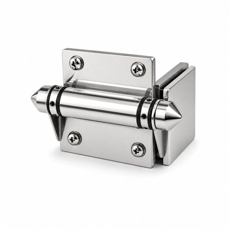Conical-Cap Wall-Mount Pool Gate Hinge — Polished silver appearance concept