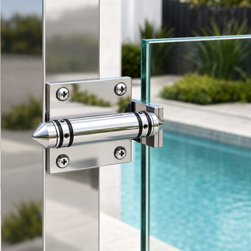 Conical-Cap Wall-Mount Pool Gate Hinge — Polished silver appearance concept