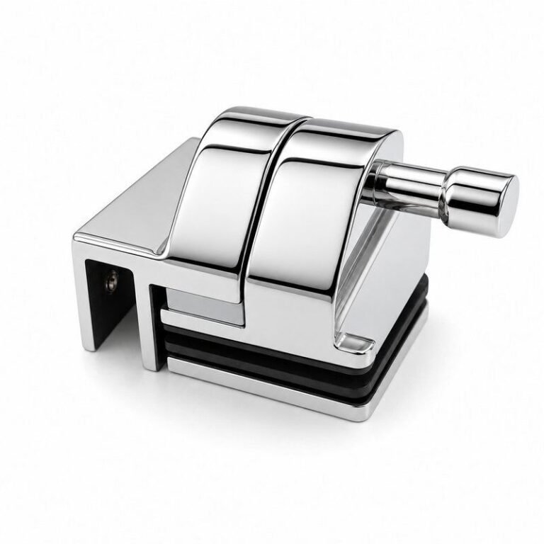 Right-Angle Glass Pool Gate Latch — Polished silver appearance concept