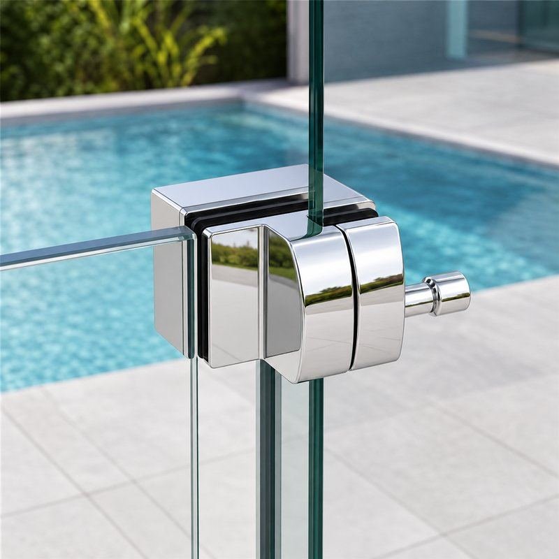 Right-Angle Glass Pool Gate Latch — Polished silver appearance concept