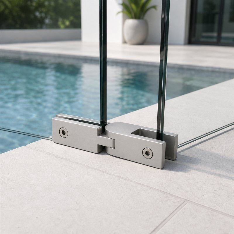 Pivoting Glass Pool Fence Connector — Matte silver appearance concept