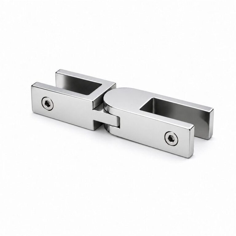 Pivoting Glass Pool Fence Connector — Polished silver appearance concept