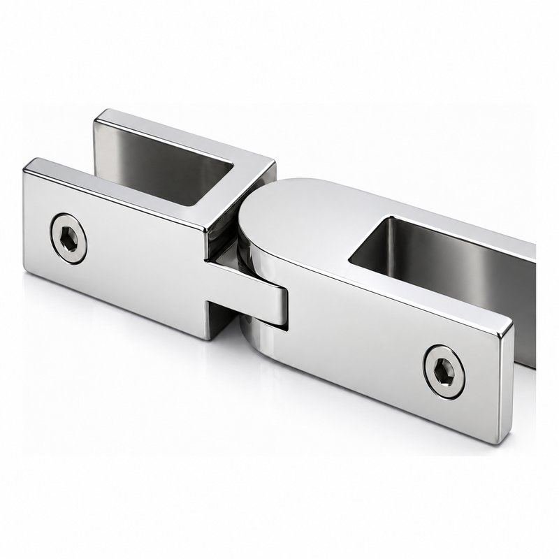 Pivoting Glass Pool Fence Connector — Polished silver appearance concept
