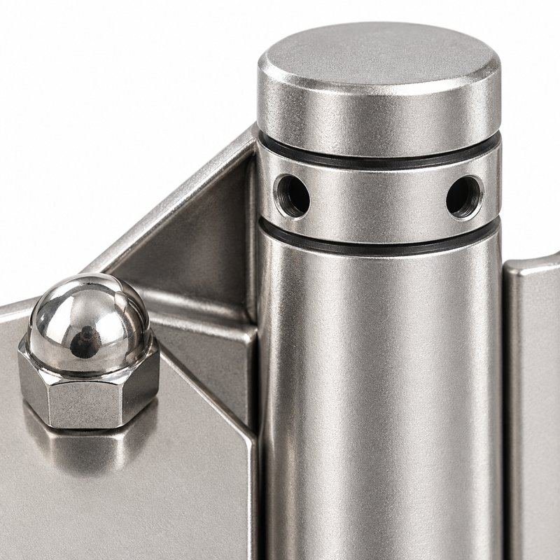 Flat-Leaf Pool Gate Hinge with Acorn Nuts — Matte silver appearance concept