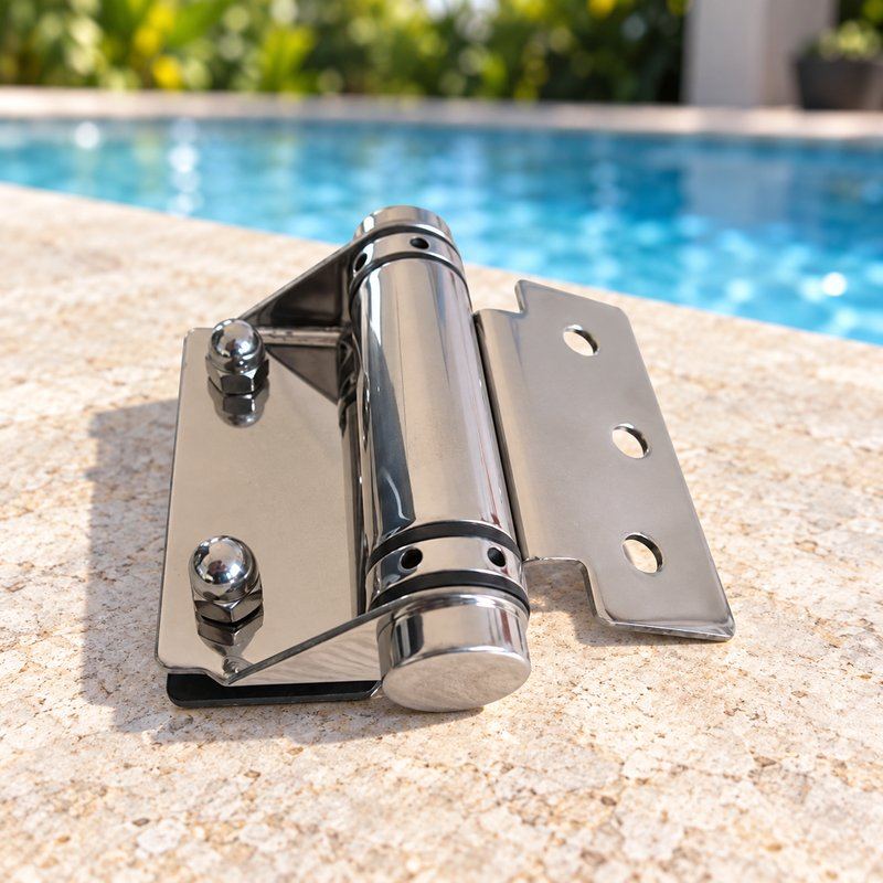 Flat-Leaf Pool Gate Hinge with Acorn Nuts — Matte silver appearance concept