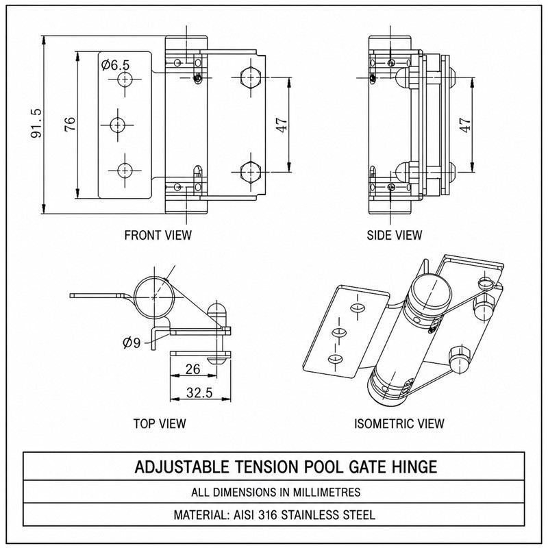 Flat-Leaf Pool Gate Hinge with Acorn Nuts — Matte silver appearance concept