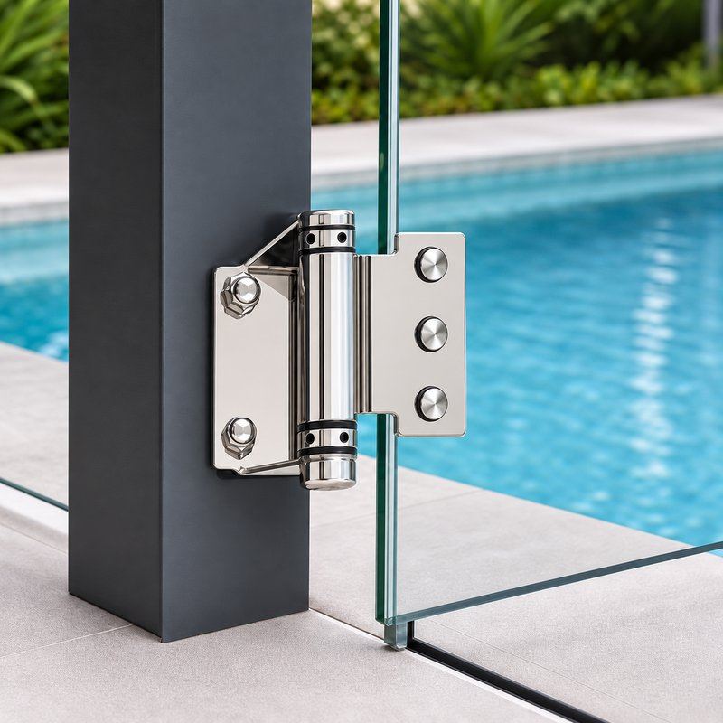Flat-Leaf Pool Gate Hinge with Acorn Nuts — Polished silver appearance concept