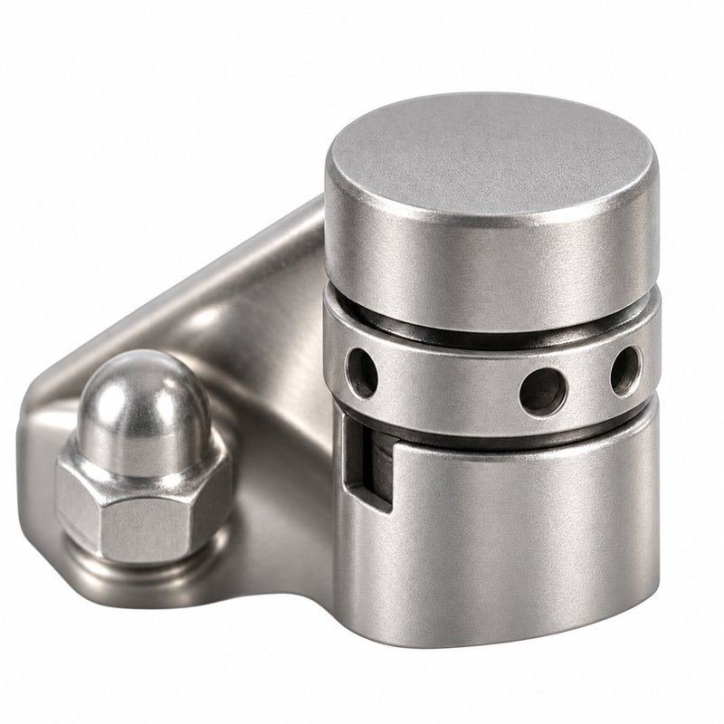 Acorn-Nut Glass-to-Glass Pool Gate Hinge — Matte silver appearance concept