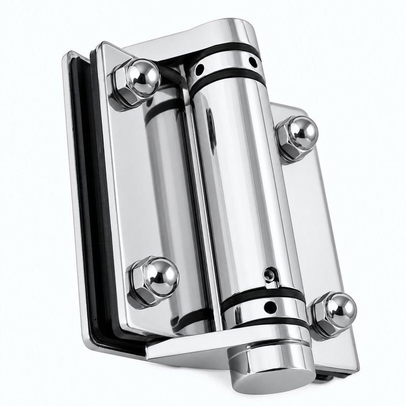 Acorn-Nut Glass-to-Glass Pool Gate Hinge — Polished silver appearance concept