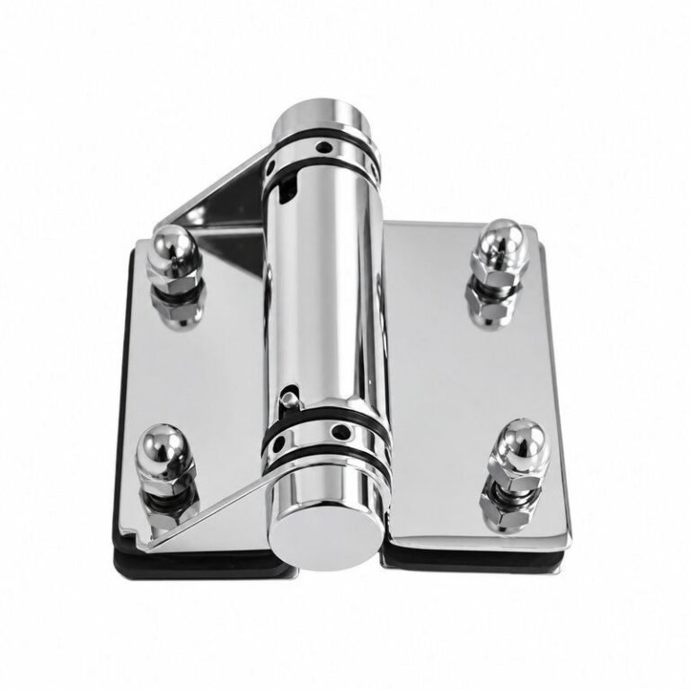 Acorn-Nut Glass-to-Glass Pool Gate Hinge — Polished silver appearance concept