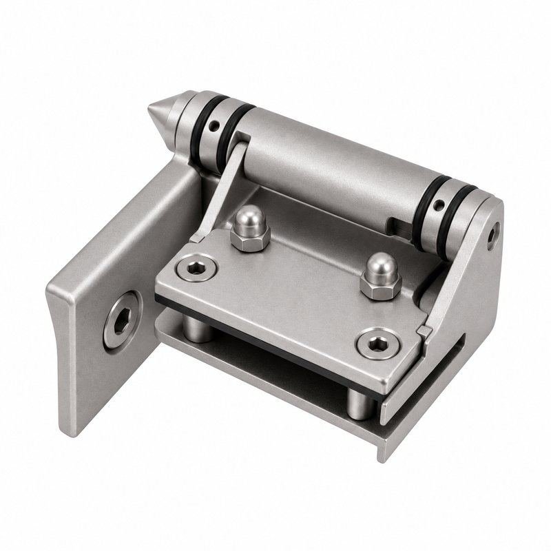 Right-Angle Barrel Pool Gate Hinge — Matte silver appearance concept