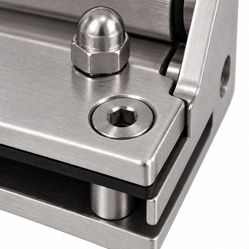 Right-Angle Barrel Pool Gate Hinge — Matte silver appearance concept