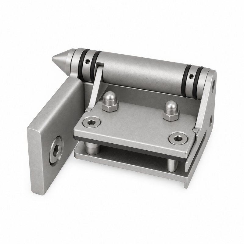 Right-Angle Barrel Pool Gate Hinge — Matte silver appearance concept