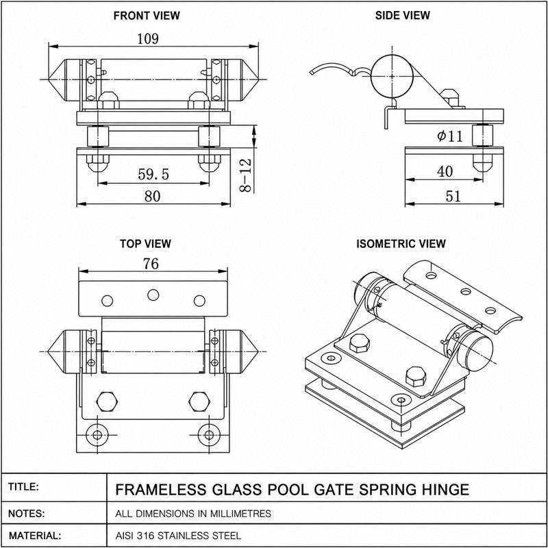 Right-Angle Barrel Pool Gate Hinge — Matte silver appearance concept
