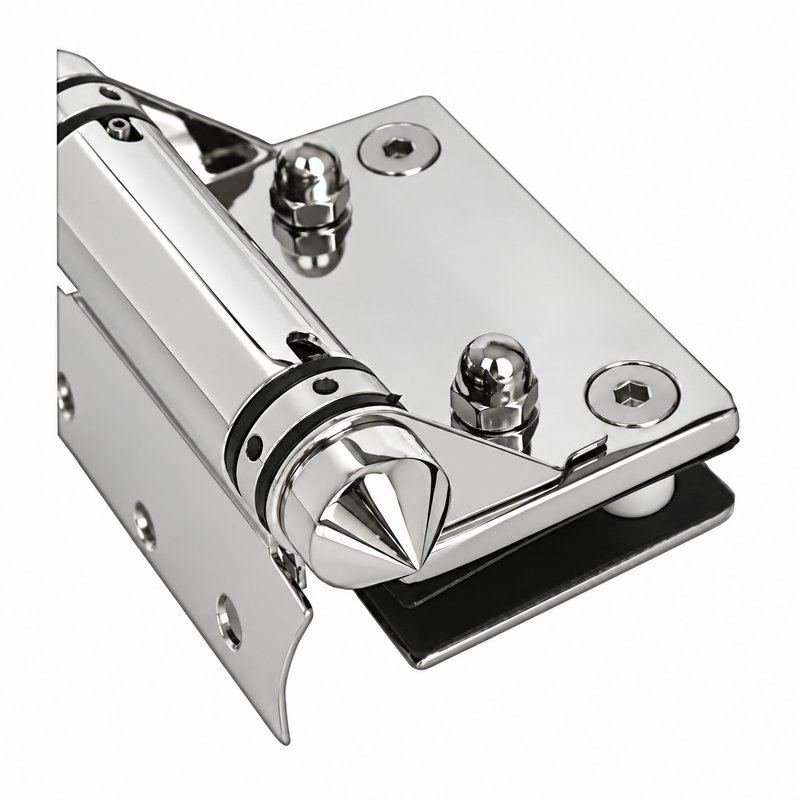 Right-Angle Barrel Pool Gate Hinge — Polished silver appearance concept