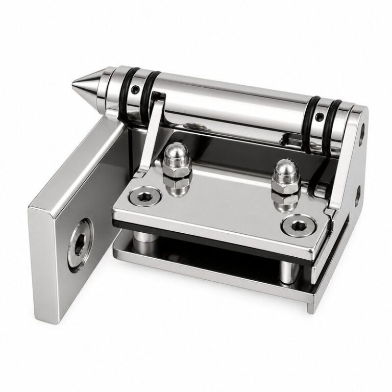 Right-Angle Barrel Pool Gate Hinge — Polished silver appearance concept