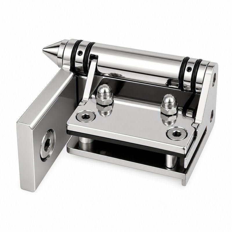 Right-Angle Barrel Pool Gate Hinge — Polished silver appearance concept