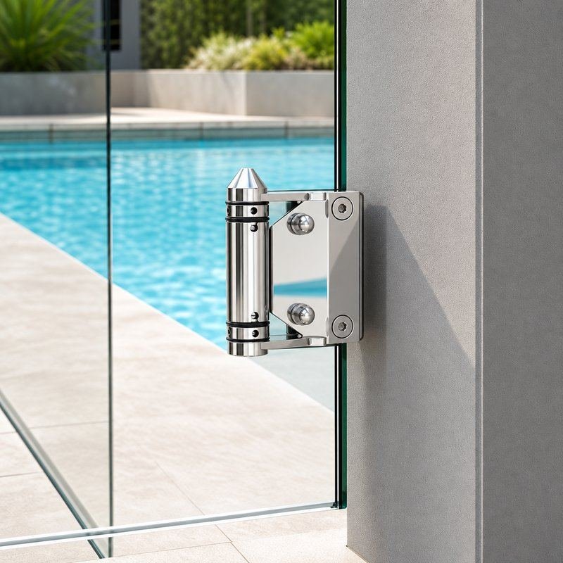 Right-Angle Barrel Pool Gate Hinge — Polished silver appearance concept