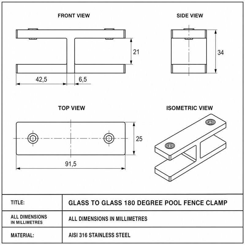 Straight Glass-to-Glass Pool Fence Clamp — Polished silver appearance concept