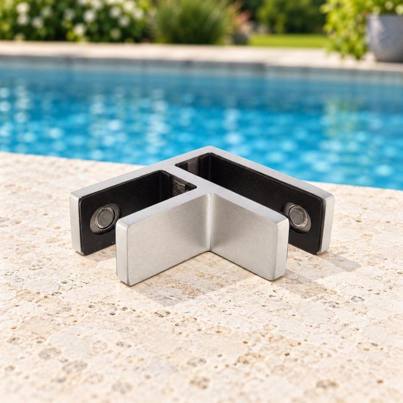 Corner Glass-to-Glass Pool Fence Clamp — Matte silver appearance concept
