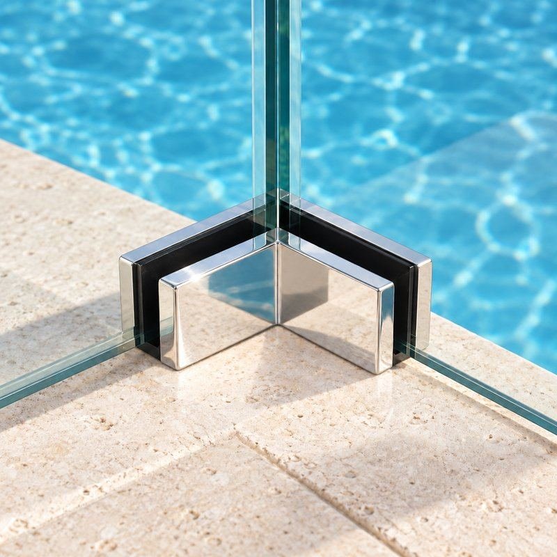 Corner Glass-to-Glass Pool Fence Clamp — Polished silver appearance concept