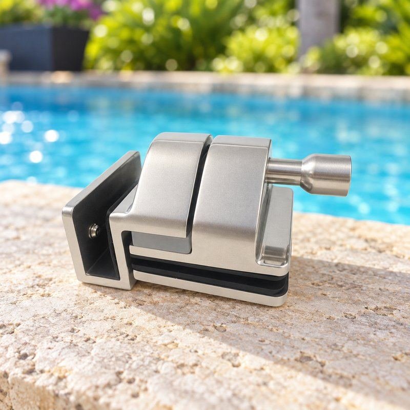 Corner-Bracket Glass Pool Gate Latch — Matte silver appearance concept
