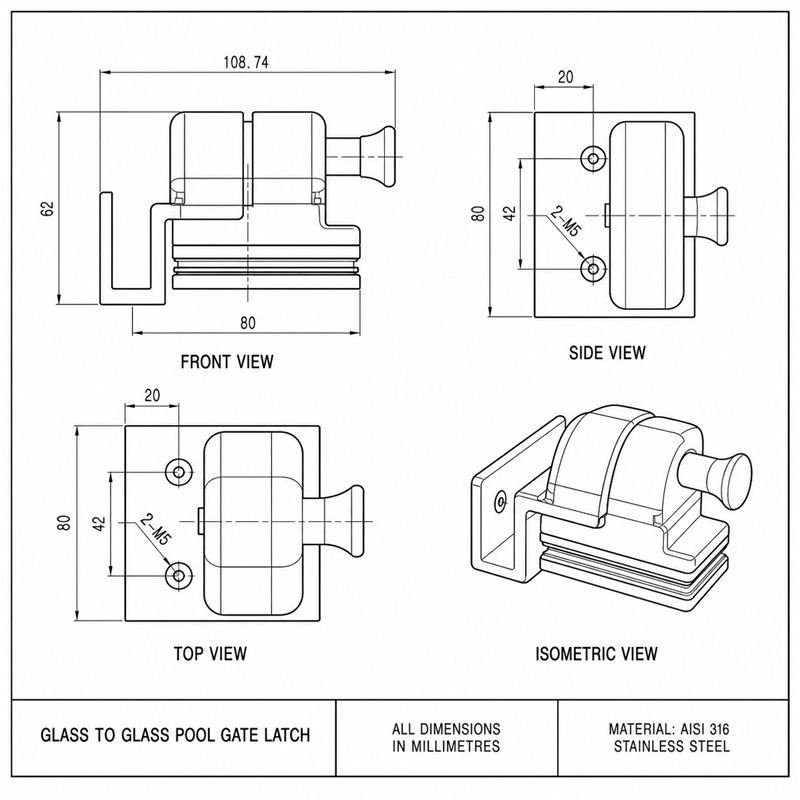 Corner-Bracket Glass Pool Gate Latch — Matte silver appearance concept