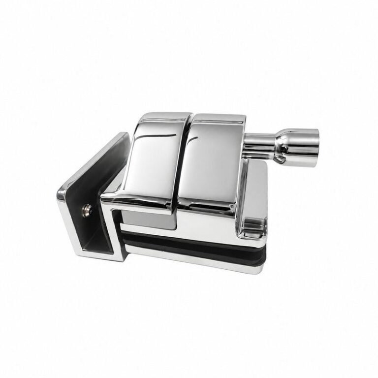 Corner-Bracket Glass Pool Gate Latch — Polished silver appearance concept