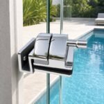 Corner-Bracket Glass Pool Gate Latch — Polished silver appearance concept