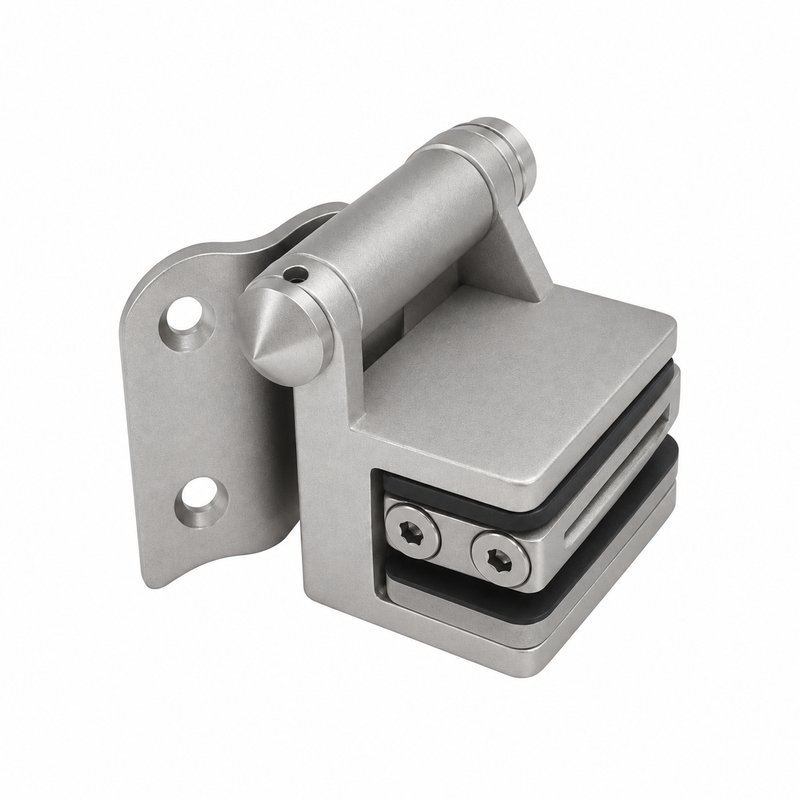 Curved-Leaf Post-to-Glass Pool Gate Hinge — Matte silver appearance concept