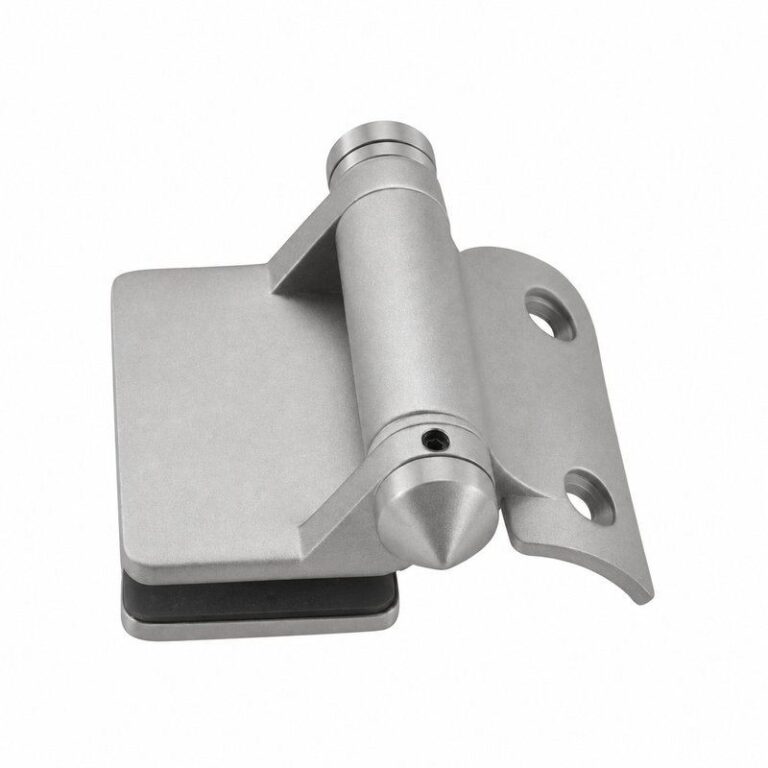 Curved-Leaf Post-to-Glass Pool Gate Hinge — Matte silver appearance concept