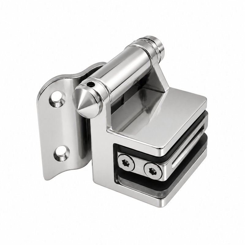 Curved-Leaf Post-to-Glass Pool Gate Hinge — Polished silver appearance concept