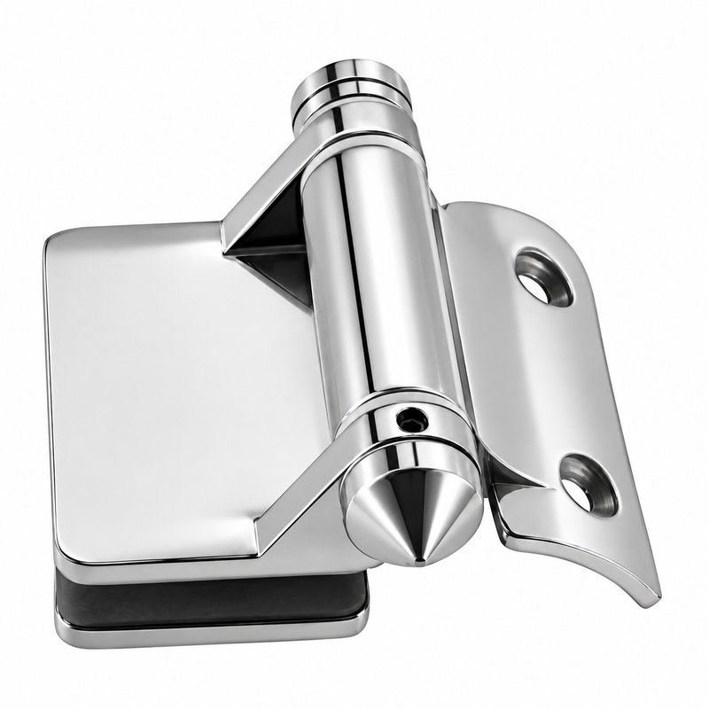 Curved-Leaf Post-to-Glass Pool Gate Hinge — Polished silver appearance concept