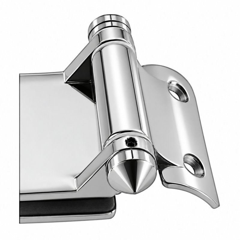 Curved-Leaf Post-to-Glass Pool Gate Hinge — Polished silver appearance concept