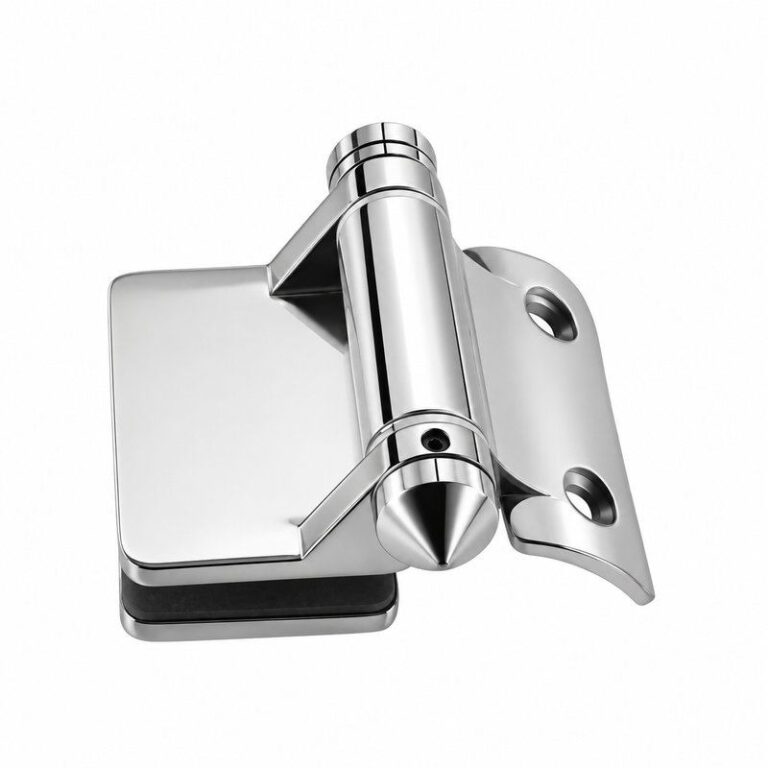 Curved-Leaf Post-to-Glass Pool Gate Hinge — Polished silver appearance concept