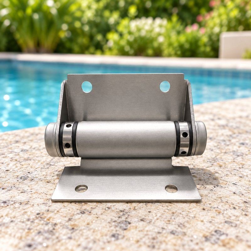 Flat-Plate Pool Gate Hinge — Matte silver appearance concept