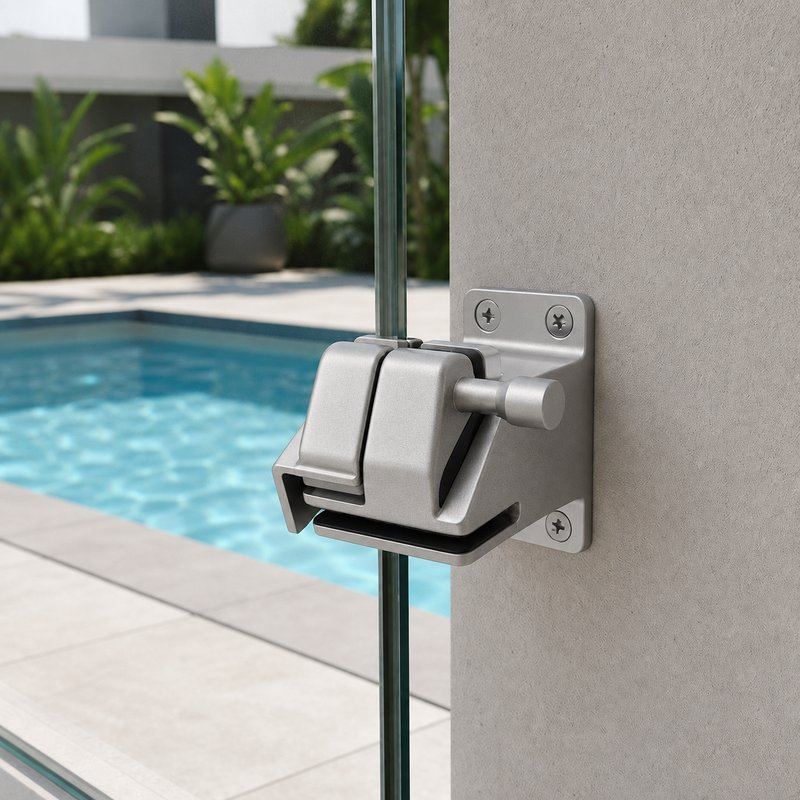 Glass-to-Wall Pool Gate Latch — Matte silver appearance concept