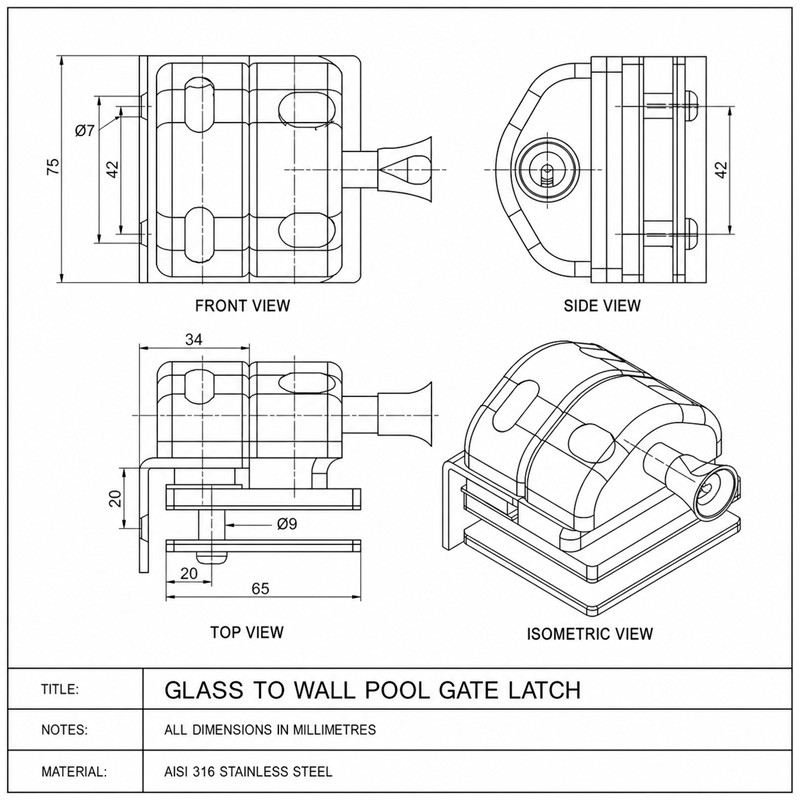 Glass-to-Wall Pool Gate Latch — Matte silver appearance concept