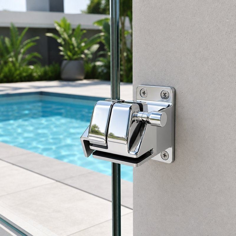 Glass-to-Wall Pool Gate Latch — Polished silver appearance concept