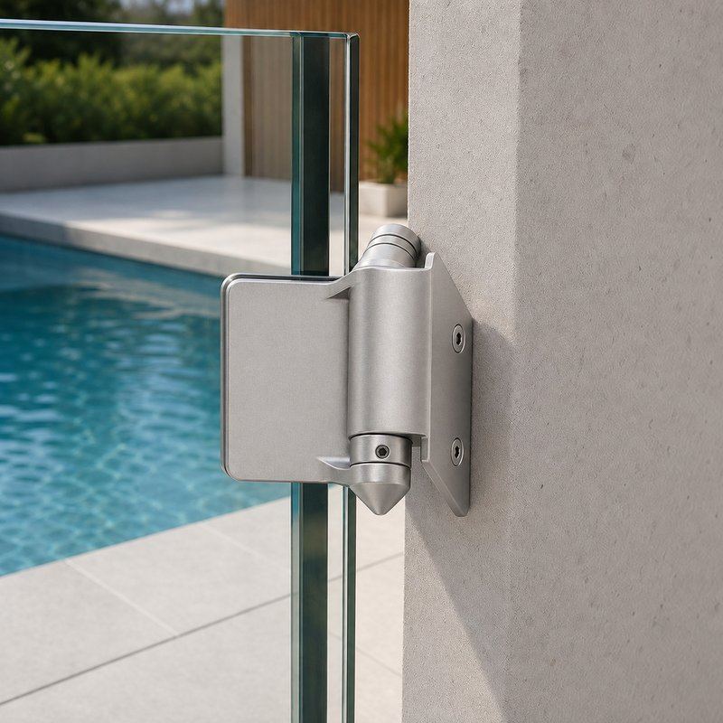 Covered-Clamp Wall-Mount Pool Gate Hinge — Matte silver appearance concept