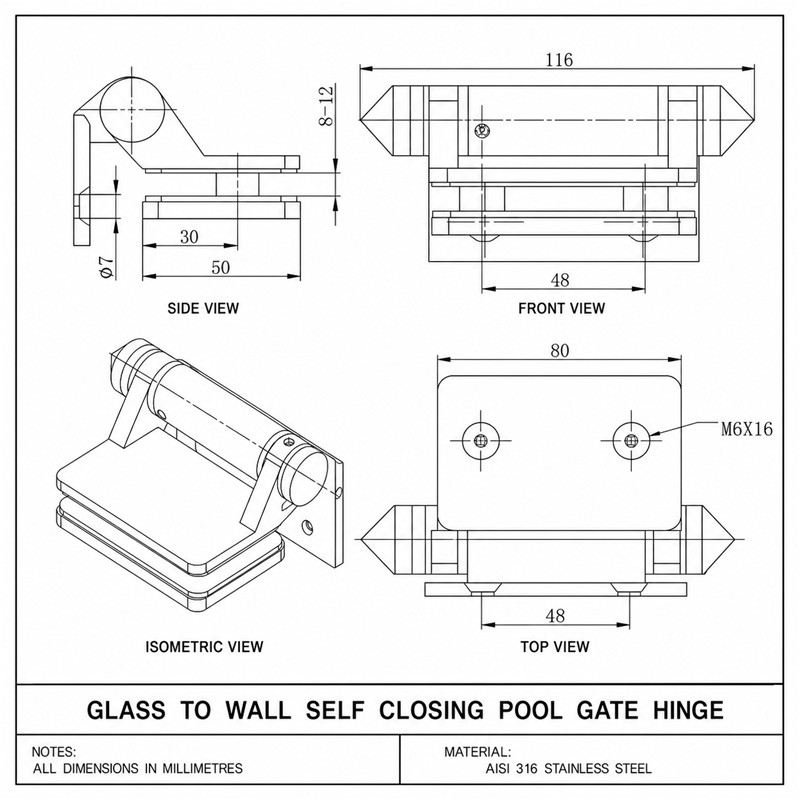 Covered-Clamp Wall-Mount Pool Gate Hinge — Matte silver appearance concept