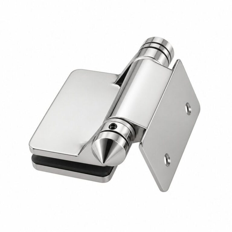 Covered-Clamp Wall-Mount Pool Gate Hinge — Polished silver appearance concept