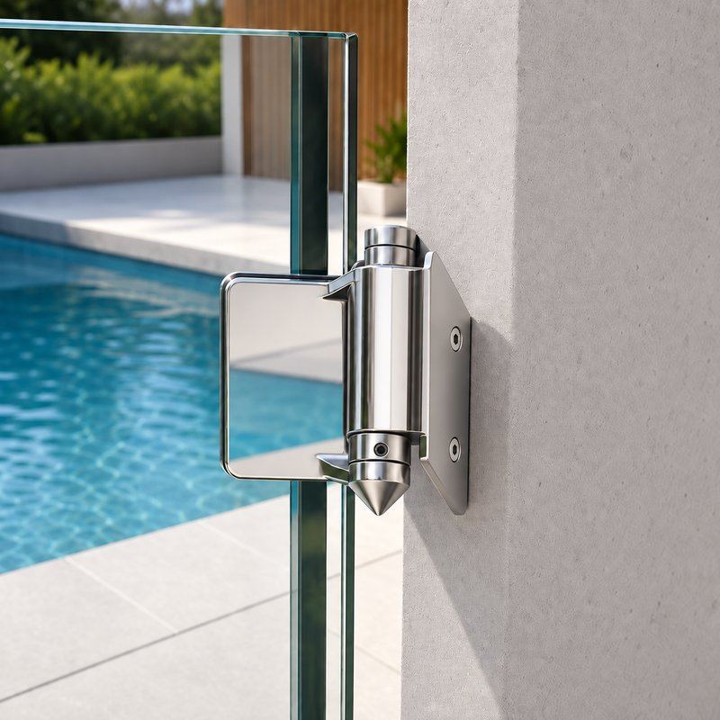 Covered-Clamp Wall-Mount Pool Gate Hinge — Polished silver appearance concept