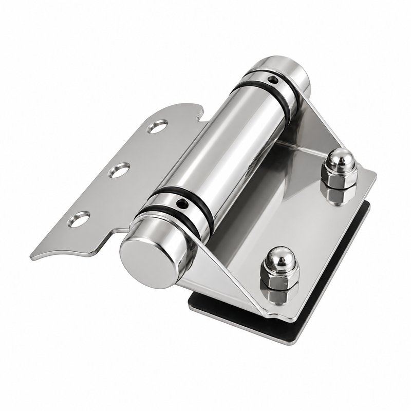 Curved-Leaf Pool Gate Hinge with Exposed Nuts — Polished silver appearance concept